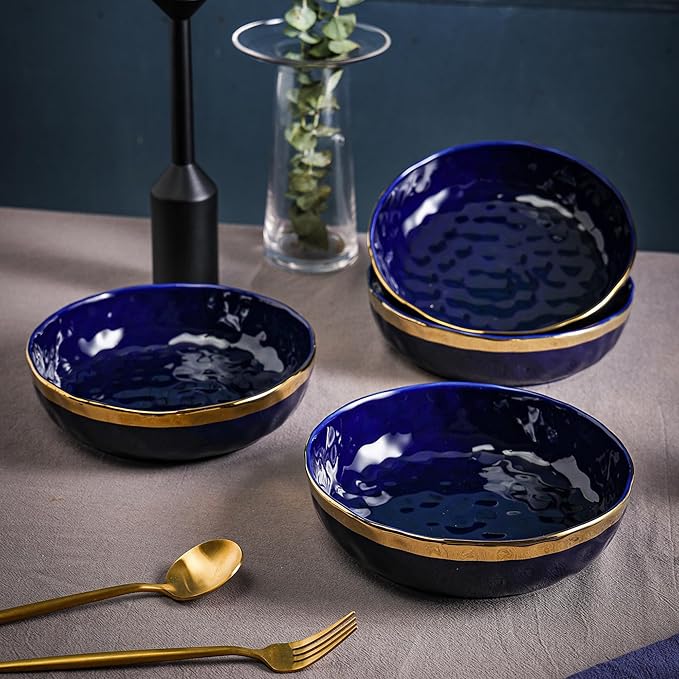 Stone Lain Florian 4-Piece Round Pasta Bowl Set Blue with Gold Rim