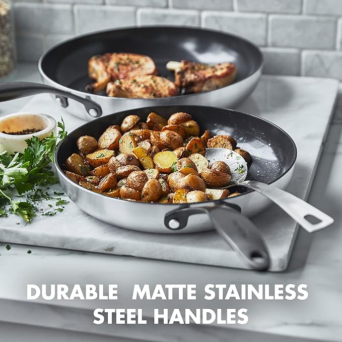 GreenPan Venice Pro Noir Tri-Ply Stainless Steel Healthy Ceramic Nonstick 13 Piece Cookware Pots and Pans Set Matte Black Handle PFAS-Free Multi Clad Induction Dishwasher Safe Oven Safe Silver