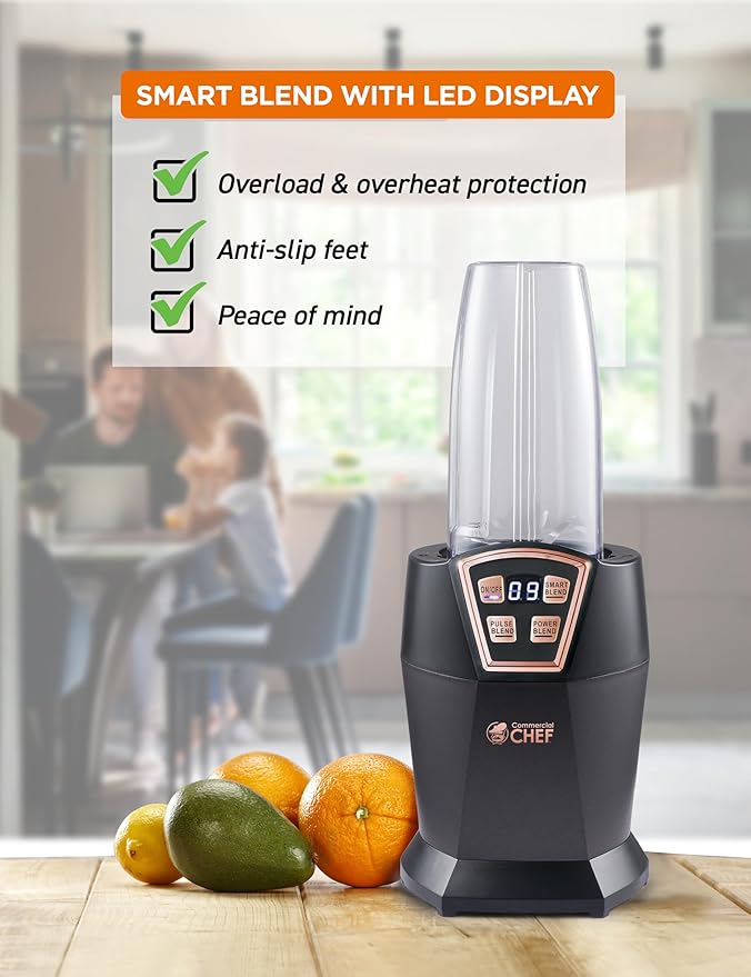 COMMERCIAL CHEF Personal Blender With 3 Modes for Smoothies Shakes &amp More - 1000W With 6 Stainless Steel Blades and LED Display