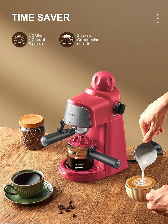 Espresso Machine 3.5Bar Espresso and Cappuccino Machine with Preheating Function 4 Cup Coffee Maker with Milk Frothing Function and Steam Wand (Red) CM6810