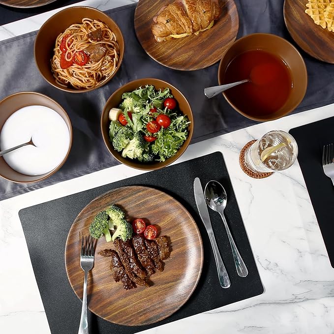 TP 18-Piece Dinnerware Set Melamine Dishes Set with Bowls and Plates Service for 6 Non-breakable Lightweight Dining Tableware Rosewood Grain