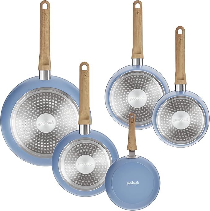 GoodCook 10-Piece Healthy Ceramic Titanium-Infused Cookware Set Light Blue – Pots Pans Steamer Spoon &amp Turner – Induction Cookware Kitchen Pots &amp Pans Set Nonstick Cooking Pan Set