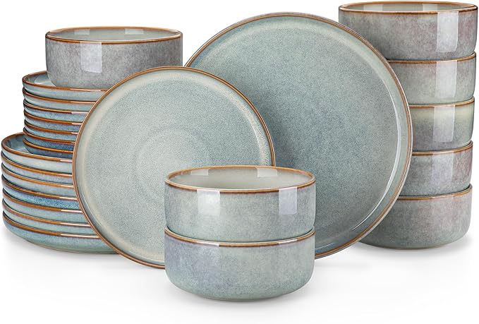 vancasso PLAYA Plates and Bowls Sets 24 Pieces Light-Blue Dinnerware Sets for Kitchen Reactive Glaze Dishes Set for 8 Dishwasher and Microwave Safe