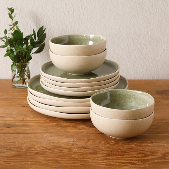 Gibson Elite Manila Bay 12-Piece Stoneware Dinnerware Set Service for 4 Reactive Glaze Modern Artisan Plates Bowls &amp Mugs Green Round Design