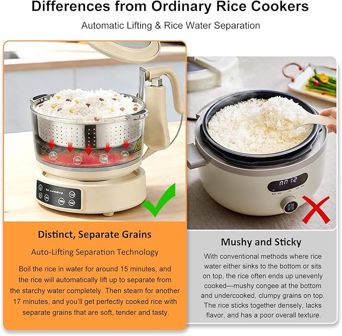 3L Low Carb Rice Cooker - 4H Keep Warm Low Sugar Rice Cooker with Auto-Lift Basket with Steaming Boiling and Hotpot in One