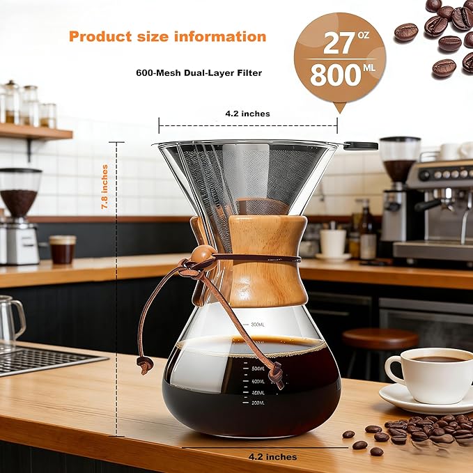 CXY 27oz Pour Over Coffee Maker 8-Cup Borosilicate Glass Drip Coffee Maker with Reusable Stainless Steel Filter Pour Over Coffee Dripper with Wooden Handle Coffee Maker for Home Office Camping