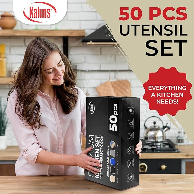 Kaluns 50 PCS Silicone Kitchen Utensils Set Complete Kitchen Set - 800°F Heat Resistant Non-Stick Premium Cooking Utensils W Wooden Handles - Can Opener Masher Turner Silicone Spatula Set
