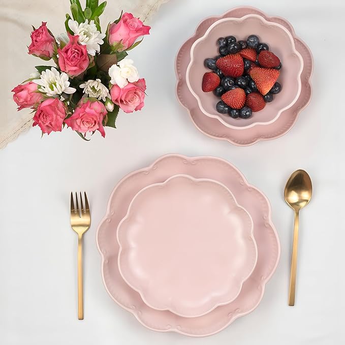 Sango 12 Pieces Scalloped Dinnerware Set Modern Pink Dishes for 4 Premium Serving Plates &amp Bowls Sets Chip Resistant Ceramic Dishware Kitchen Dish Microwave &amp Dishwasher Safe Bethany