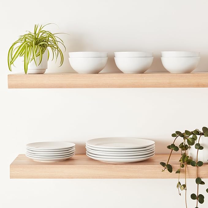 Amazon Basics 18-Piece Complete Kitchen Dinnerware Set Microwave and Dishwasher Safe Plates Dishes Bowls for Everyday Use Service for 6 White Porcelain Coupe