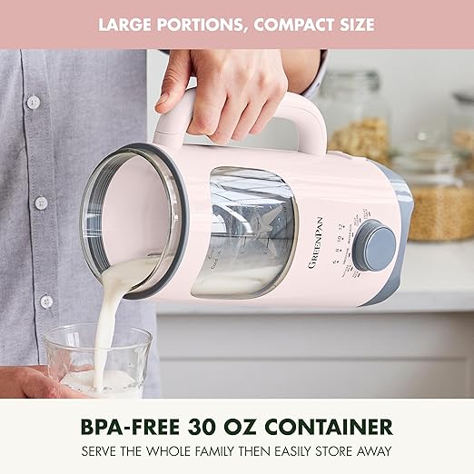 GreenPan Nut Milk Maker 15-in-1 Homemade Soy Almond Oat Coconut Non-Dairy Rice Soup Baby Food BPA-Free Smooth Creamy Texture Self Clean Barista Quality Milk Delay Start Boil Water Pink