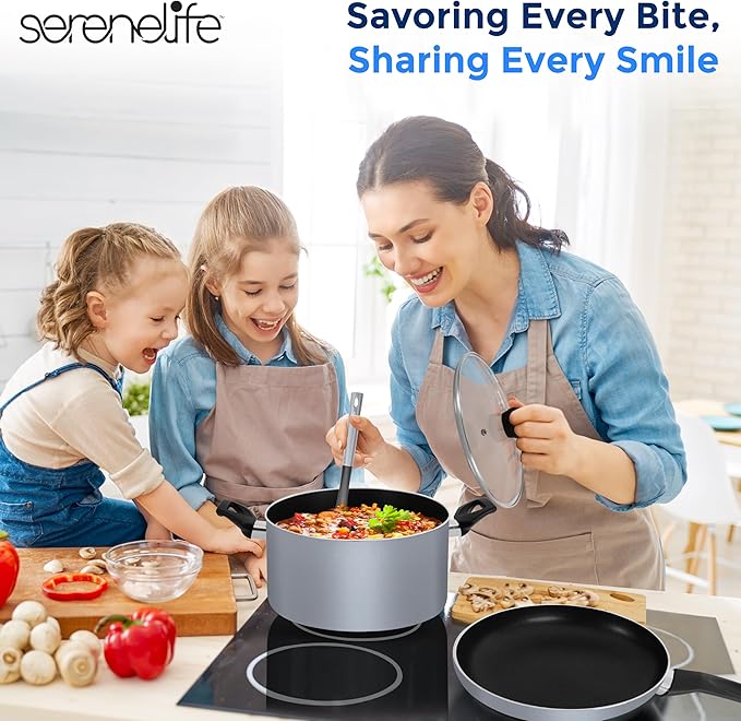 SereneLife Kitchenware Pots &amp Pans Basic Kitchen Cookware Black Non-Stick Coating Inside Heat Resistang Lacquer (11 Piece set) One Size Gray
