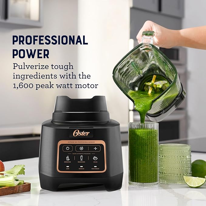 Oster Extreme Mix Blender 64oz Glass Jar 3 iBlend Preset Functions 1600-Watts 10-Point Blade Stack with Titanium Coating &amp 24oz Blend-N-Go Cup