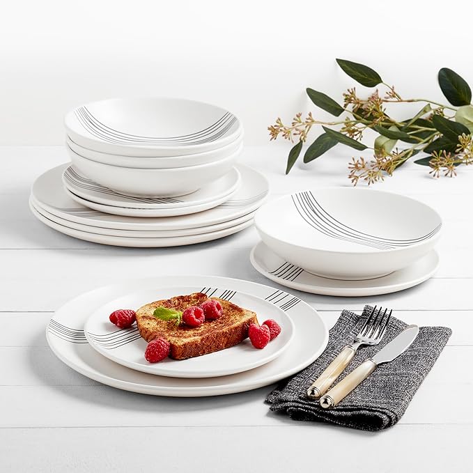 Tabletops Gallery 12-Piece Embossed White Black Striped Stoneware Dinnerware Set of Kitchen Dishes Round Dinner Salad Plates Cereal Bowls Service for 4 Skye