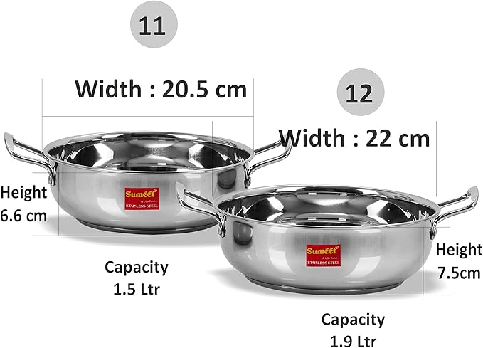 Sumeet Stainless Steel Encapsulated Bottom Induction and Gas Stove Friendly Kadhai - Set of 2 (Size No.11 and 12 1.5 L and 1.9 L)