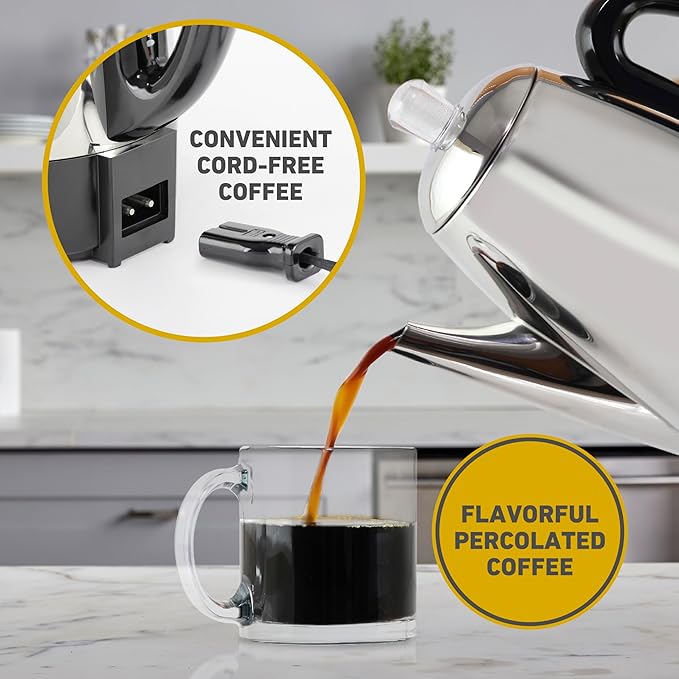 West Bend Electric Percolator Classic Style Coffee Maker with Heat Resistant Handle Base and Detachable Cord with Stainless Steel Stem and Basket 12-Cup Silver