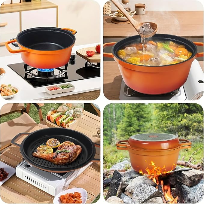 8-Piece Gradient Enamel Cookware Set Multi-Function Kitchen Collection with Soup Pot Steak Pan for Home RV Cooking (Pink Gradient 8-Piece Set)