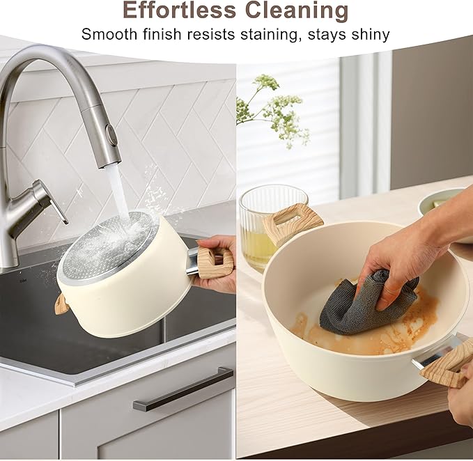 FAB&ampDELUXE 11Pcs Nonstick Cookware Set Aluminum Nonstick Pots and Pans with Lids &amp Wooden Handles Silicone Spoons &amp Spatulas Non-toxic Healthy Kitchen Cooking Sets PFAS &amp PFOA Free