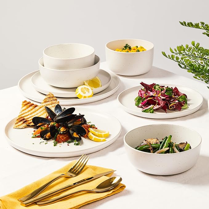 Gibson Elite James Street Stoneware Matte Reactive Double Bowl Dinnerware Set - Sea Salt White Service for 4 (16pcs)