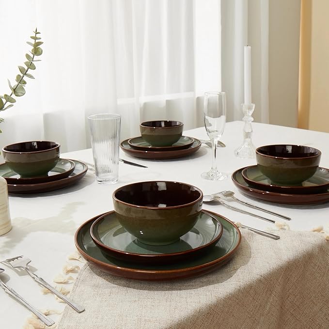 Stoneware Dinnerware Sets 12-Piece Ceramic Plates and Bowls Sets for 4 Sage Green Microwave and Dishwasher Safe 10 Inch Dinner Plates 8.2 Inch Salad Plates 5.4 Inch Bowls