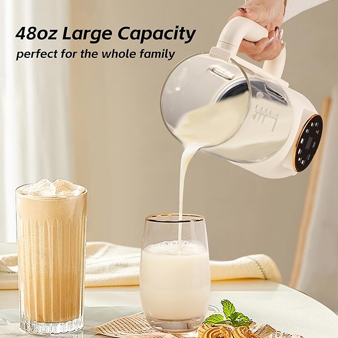 8 in 1 Nut Milk Maker Machine 48oz Homemade Almond Oat Soy Coconut Plant-Based and Non-Dairy Beverages with Self-Cleaning Boil Water Delay Start Keep Warm 16 Blade Blender Glass Jar