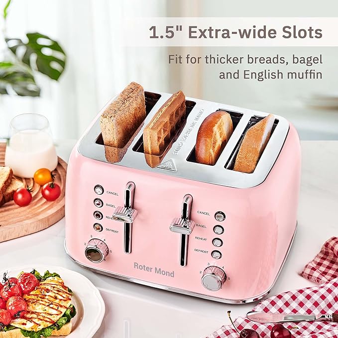 Roter Mond Toaster 4 Slice Retro Stainless Steel with Extra Wide Slots Bagel Defrost Reheat Function Dual Independent Control Panel Removable Crumb Tray 6 Browning Levels Pink
