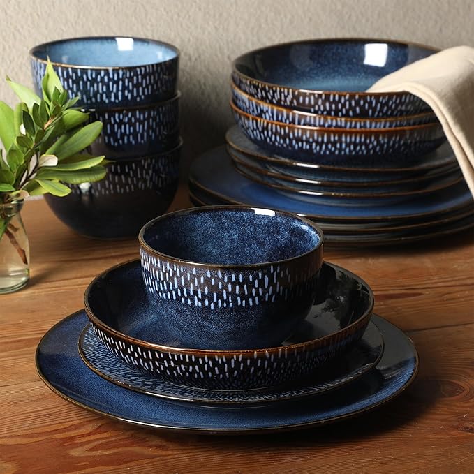 Gibson Elite Matisse 16-Piece Dinnerware Set – Double Bowl Reactive Glaze Cereamic Stoneware in Blue – Plates and Bowls Sets for 4 Microwave &amp Dishwasher Safe Rustic Modern Design