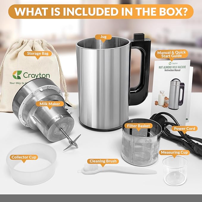 Crayton Nut Milk Maker Machine with Built-in Strainer 51oz/ 1.5L Stainless Steel Almond Milk Maker for Soy Almond Oat Cashew Nut Milks &amp More 7-in-1 Multi-Functional 6-7 Cups Per Batch 120V