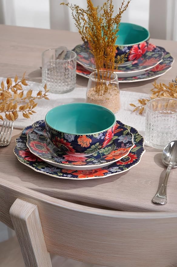 222 Fifth 12-Piece Porcelain Dinnerware Set for 4 White &amp Parisian Blue Plates and Bowls Set with Gold Rim Glossy Ceramic Dish Set with Detailed Floral Design Microwave &amp Dishwasher Safe C