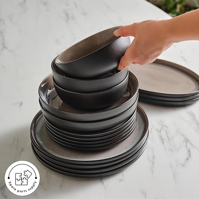 Karaca Mercure 59 Piece Stoneware Plates and Bowls Set Reactive Glaze Black Dinner Set Complete Kitchen Tableware Collection Ideal Dinnerware for 12 People Dining Experience Dishwasher Safe