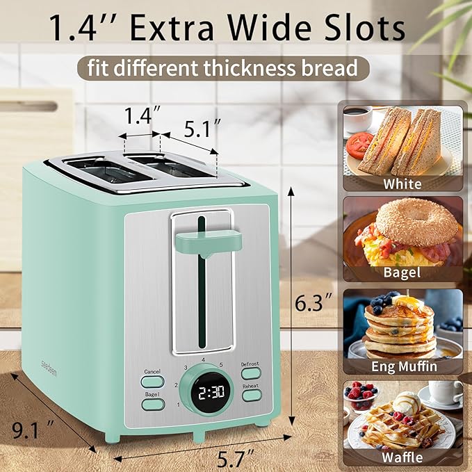 SEEDEEM Toaster 2 Slice Bread Toaster with LCD Display 7 Shade Settings 1.４'' Variable Extra Wide Slots Toaster with Cancel Bagel Defrost Reheat Functions Removable Crumb Tray 900W Azure Blue
