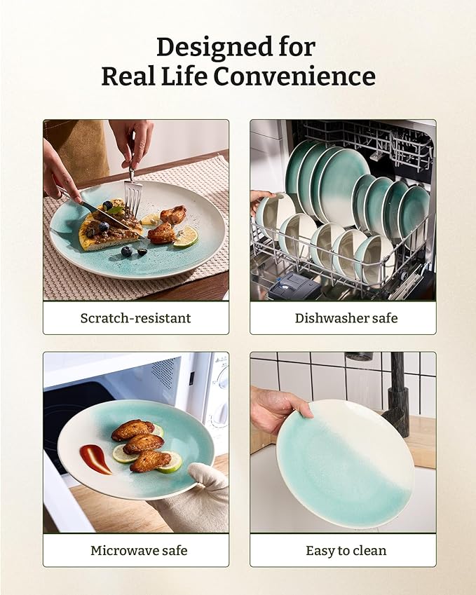Famiware Glacier Dinnerware Sets Plates and Bowls Dish Sets for 8 (24 Pieces) Stoneware Tableware - Dishwasher and Microwave Safe Handcrafted Reactive Glaze Aqua
