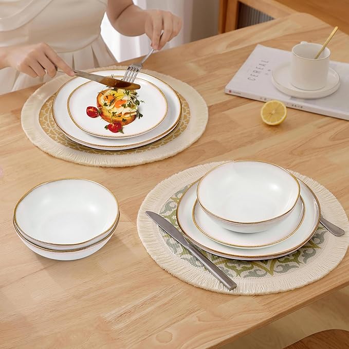 Herogo Stoneware Dinnerware Sets 12 Piece Dinner Dishes Set for 4 Ceramic Plates and Bowls Dishware Tableware Includes Dinner Salad Plates Soup Bowls Microwave &amp Dishwasher Safe Pearl White