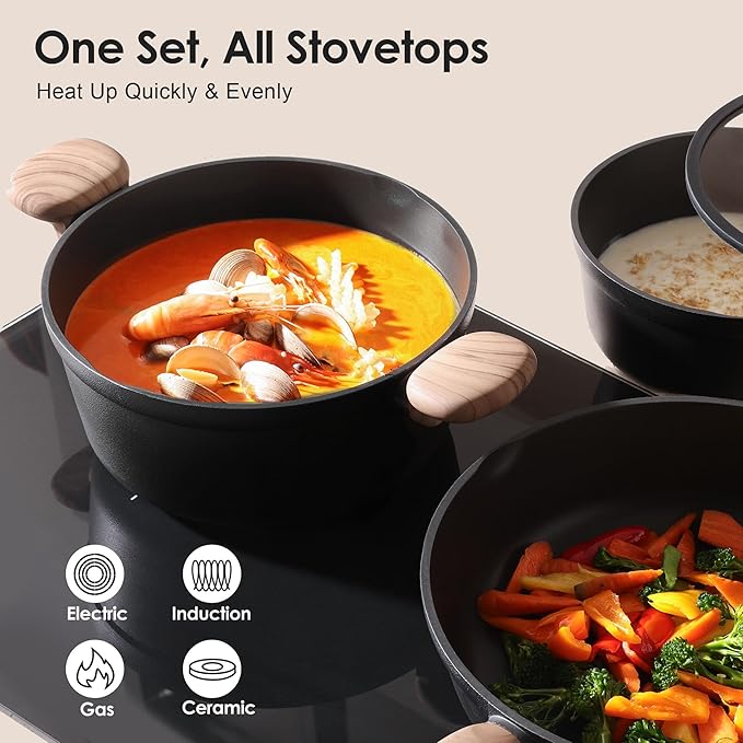 SENSARTE Nonstick Pots and Pans Set 17pcs Healthy Induction Cookware Set Kitchen Cooking Set with Skillets &amp Saucepans Stay-cool Handles Dishwasher Safe PFOA PFOS Free Matte Black