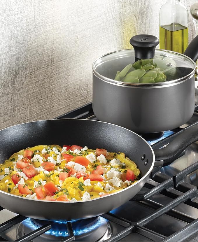 T-fal Initiatives Nonstick Cookware Set 18 Piece Oven Broiler Safe 350F Kitchen Cooking Set w/Fry Pans Saucepans Stockpots Skillet Spoons Lids Pots and Pans Set Dishwasher Safe Stone Grey