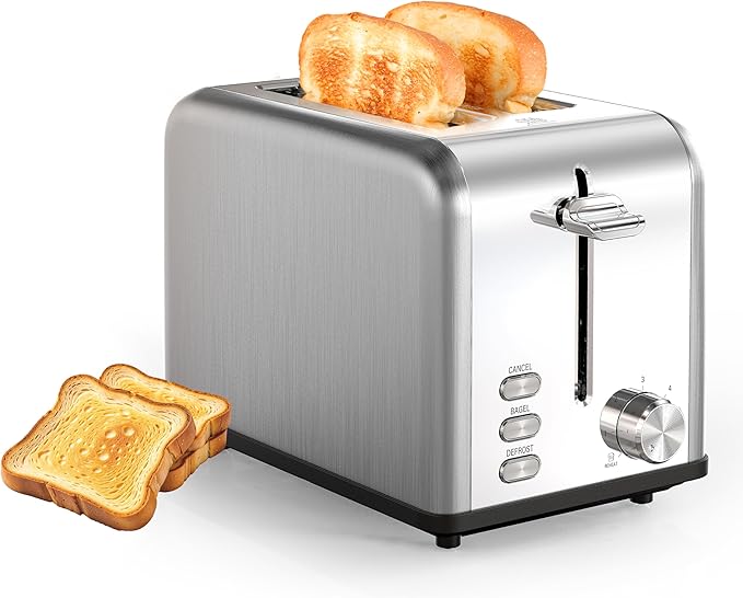 Simple Deluxe 2-Slice Stainless Steel Toaster Extra Wide Slot Toaster &amp Removable Crumb Tray with 6 Browning Setting and 3 Function for Bread &amp Waffle Silver