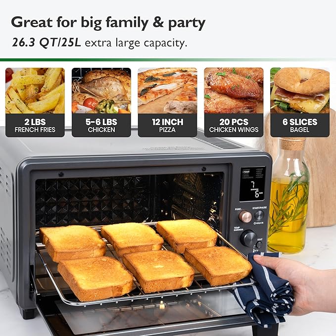VAL CUCINA Infrared Heating Air Fryer Toaster Oven Combo Non-toxic Enamel-coated Interior 26.3 QT Countertop Convection Oven 10-in-1 Combo 6-Slice Toast 12-inch Pizza with Enamel Baking Pan