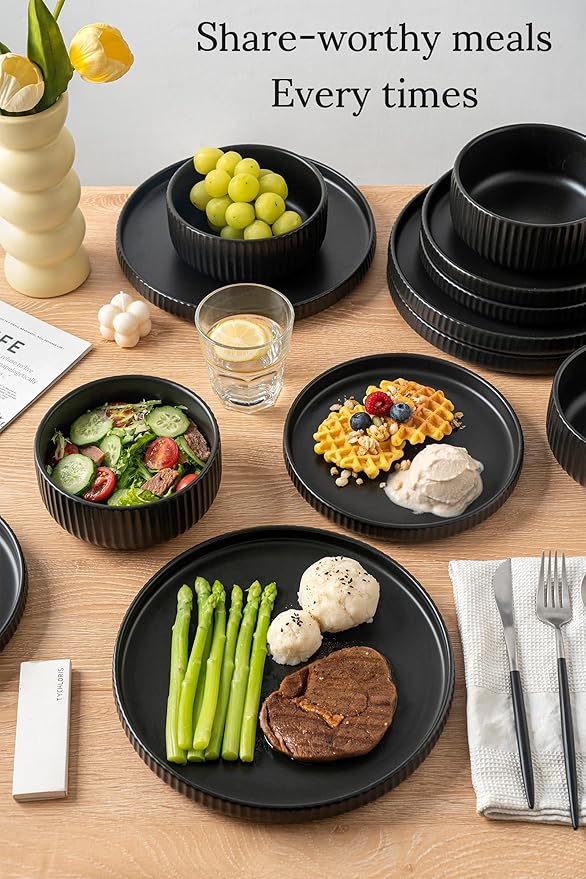 Dinnerware Sets for 4Microwave Safe Plates and Bowls Sets12 Piece Dylan Dish SetReactive Glaze Stoneware Dinnerware Set (Matte Reactive Dark Night Service for 4 (12pcs))