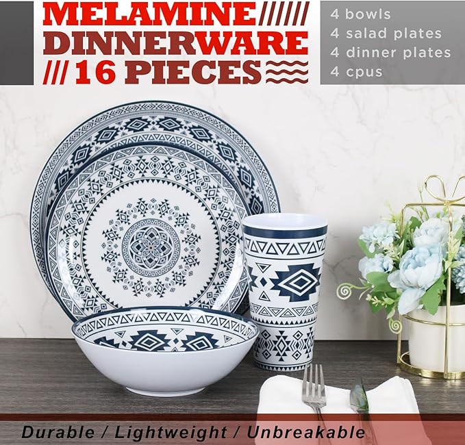 Melamine Dinnerware Set for 4-16 Pcs:Camping Dishes Set with Dinner PlatesSalad Plates Bowls and Cups.Lightweight and Unbreakable.Indoor and Outdoor Use.