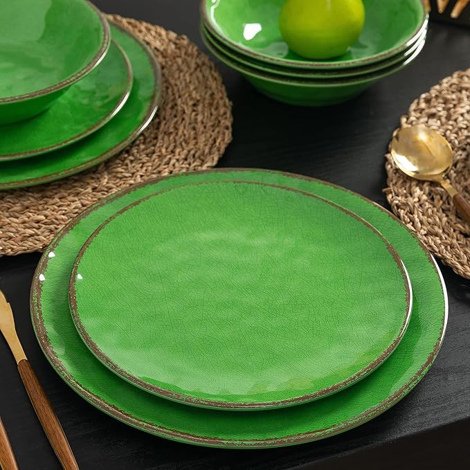 LEHAHA Vintage Crackle Melamine Dinnerware Sets 12 Piece Plates and Bowls Sets Great for Camping RV. Durable and Chip Resistant Farmhouse Dishes Set Service for 4(Green)