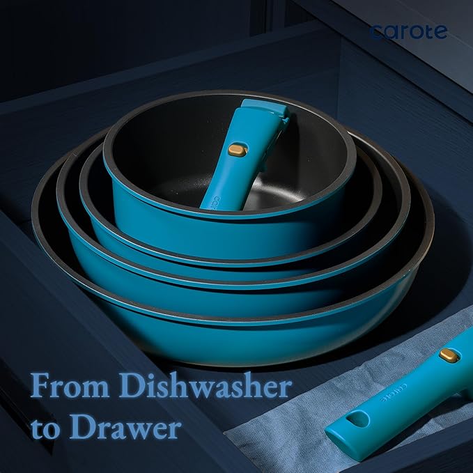 CAROTE 21pcs Pots and Pans Set Nonstick Cookware Set Detachable Handle Induction Kitchen Cookware Sets Non Stick with Removable Handle RV Cookware Set Peacock Blue