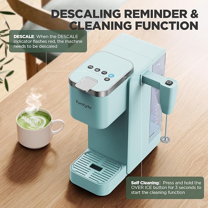 Single Serve Coffee Maker with Built-in Detachable Milk Frother Iced and Hot Coffee Machine for K Cup &amp Grounds 40oz Removable Water Reservoir 6 Cup Sizes Fits 7.3 Travel Mug Teal