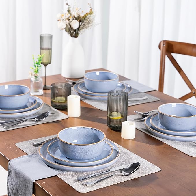 GBHOME Ceramic Dinnerware Sets for 4 12 Pieces Stoneware Plates and Bowls Sets Scratch Resistant Dishe Set for Dinner Dishwasher &amp Microwave Safe Brunnera Blue