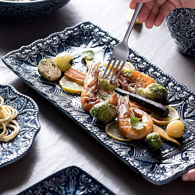 High-End Dinner Set Ceramics Dinner Sets 26 Pieces Porcelain Dinnerware Set | Relief Pattern Cereal Bowl and Steak Plate