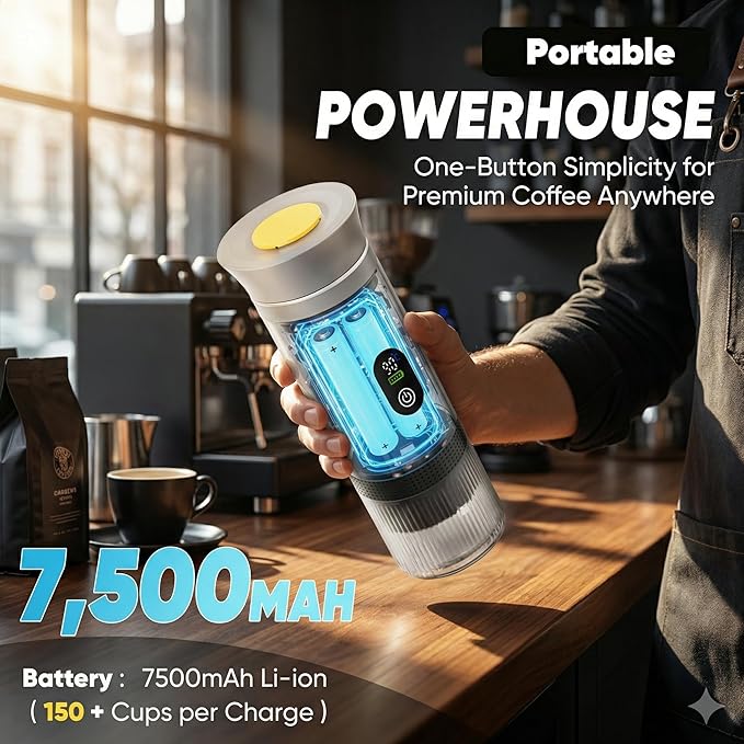 Portable Espresso Coffee Maker Battery Operated Rechargeable Travel Espresso Machine Self Heating Mini Coffee Maker for Camping &amp Car Works with Ground Coffee and Small/Large Capsules 80ml Cup