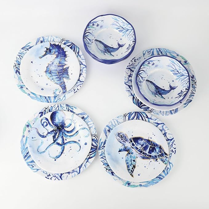 UPware 12 Piece Indigo Sea Life Melamine Dinnerware Sets Outdoor Dishes Set Plates and Bowls Sets Service for 4 Blue