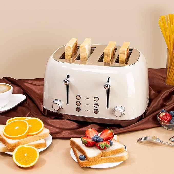 4 Slice Toaster Roter Mond Retro Stainless Steel with Bagel Defrost Cancel Function 6 Browning Settings Extre Wide Slot and Removable Crumb Tray Cream ST033