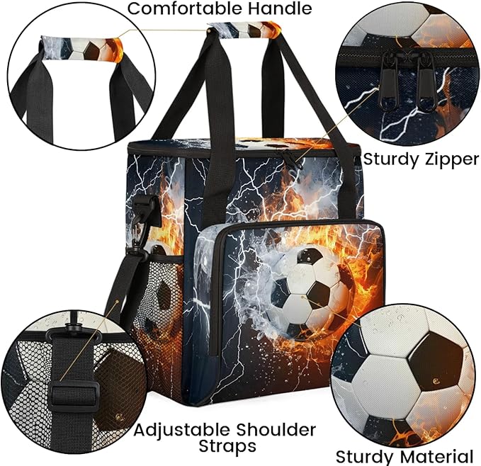 Soccer Ball Fire And Water Travel Coffee Maker Carrying Bag Large Organizer Storage Tote Bag Insulated Reusable Cooler Grocery Bags