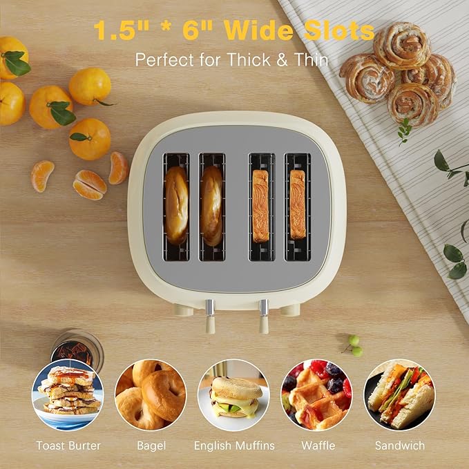 Toaster 4 SliceRetro Stainless Steel Toaster with Extra Wide Slots Cancel Bagel Defrost Function Dual Independent Control Panel Removable Crumb Tray and High Lift Lever (Beige)