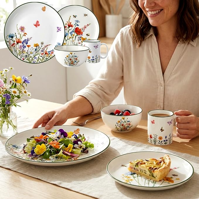 Pickmesh 16 Pcs Wildflower Ceramic Dinnerware Set for 4 Guest Floral Dish Set Spring Butterfly Dinner Plates Salad Plates Bowl Mug Kitchen Gift for Spring Kitchen Holiday Party Decoration
