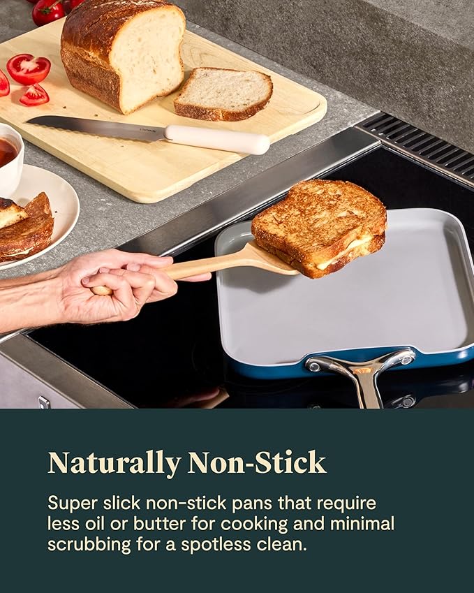 Caraway Square Cookware Set - Square Pans Set - Perfect for Griddling Toasting Searing Roasting and More - Non-Stick Ceramic Coated Pans - Non Toxic PTFE &amp PFOA Free - Navy